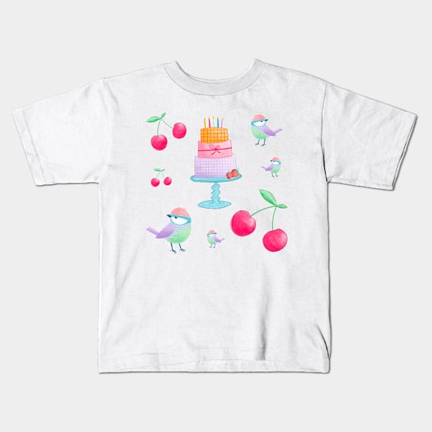 Cherry, birds and birthday cake Kids T-Shirt by ColorsHappiness